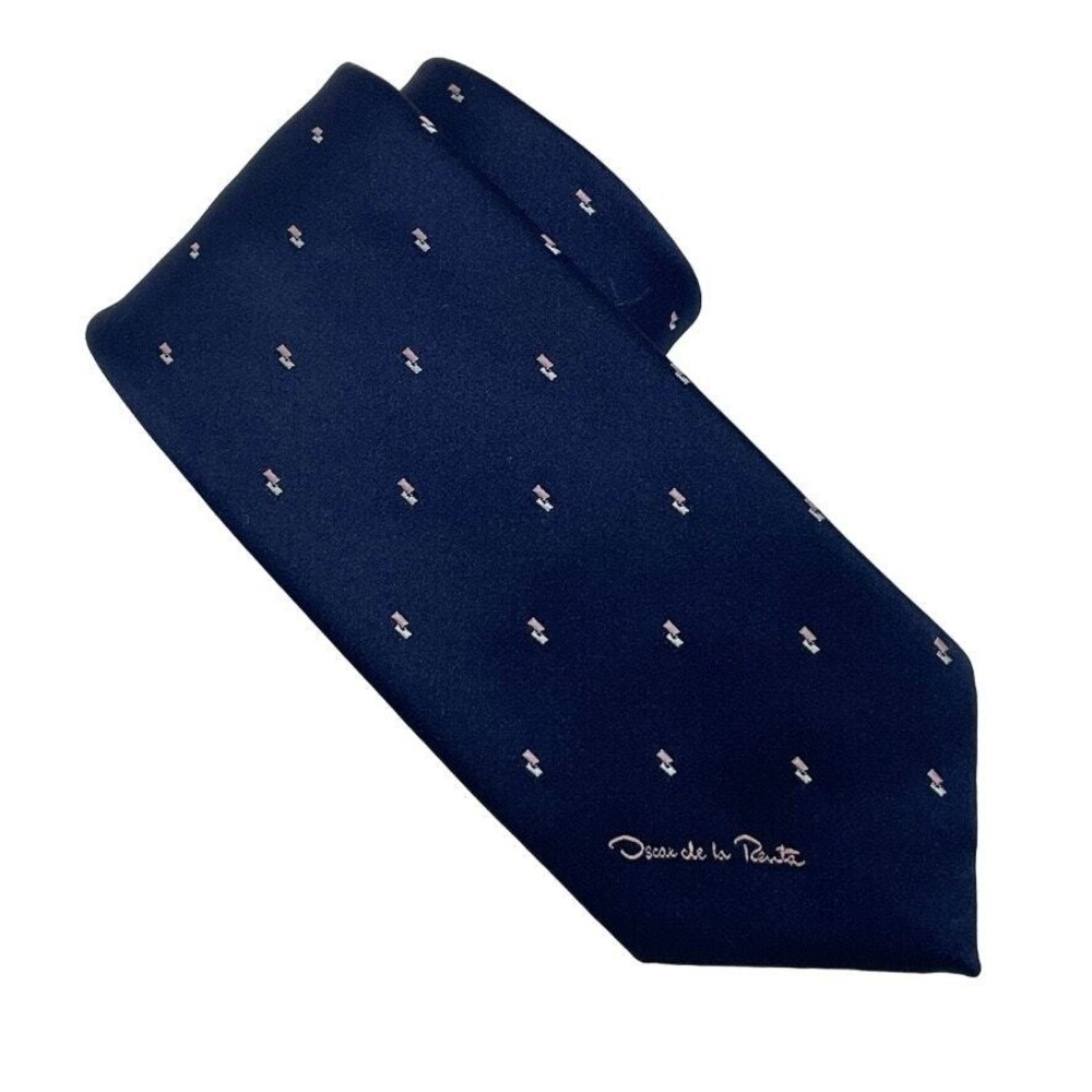 Oscar de la Renta Necktie Mens Navy Blue Geometric Silk Blend Formal Business